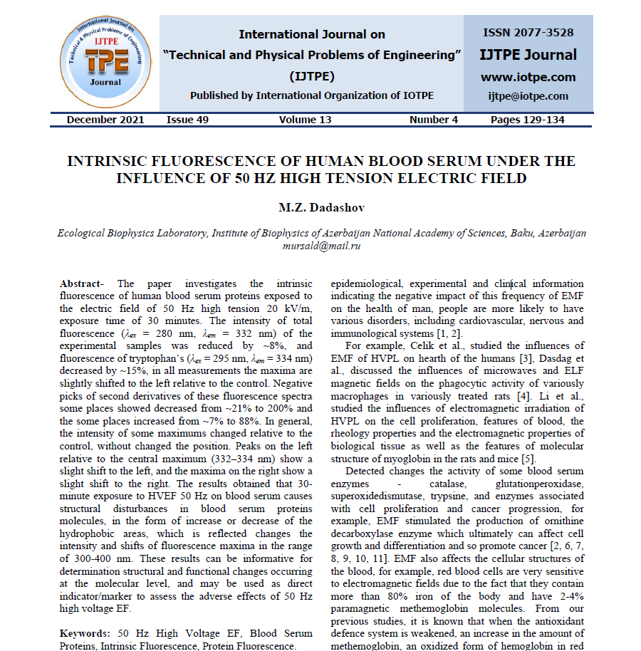 INTRINSIC FLUORESCENCE OF HUMAN BLOOD SERUM UNDER THE INFLUENCE OF 50 HZ HIGH TENSION ELECTRIC FIELD